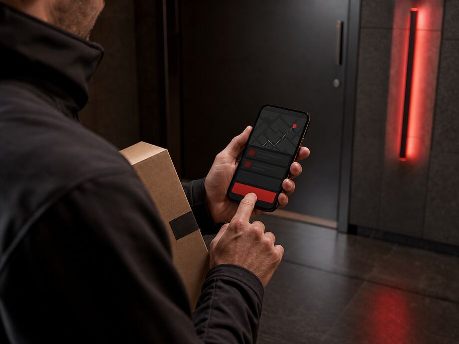 A courier changes the status of the current delivery in the mobile app at the recipient's door