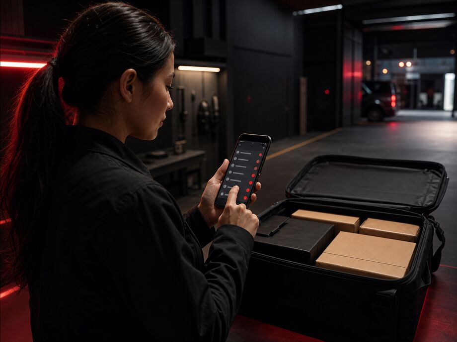 A courier reviews the shift's task list next to a bag of prepared orders
