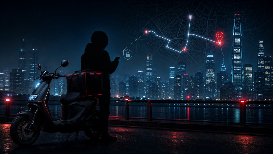 A courier on a scooter heads to the next delivery stop along a city route