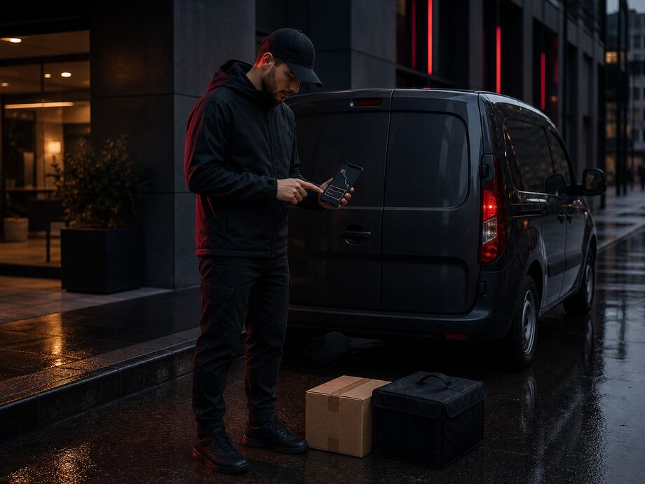 A courier checks a task on a smartphone next to the vehicle and a prepared order