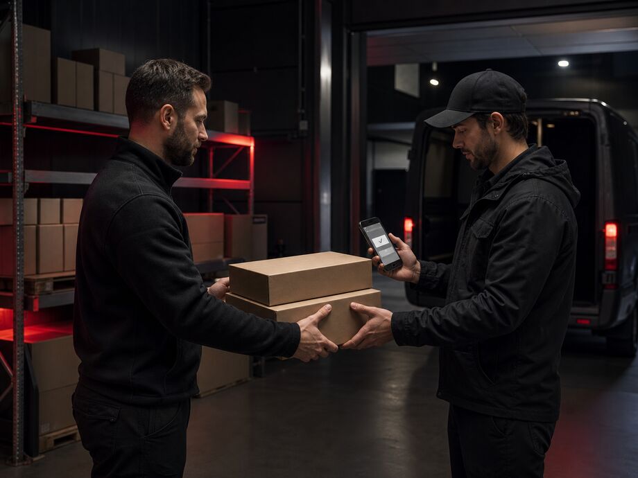A warehouse employee hands prepared orders to a courier, who confirms the collection