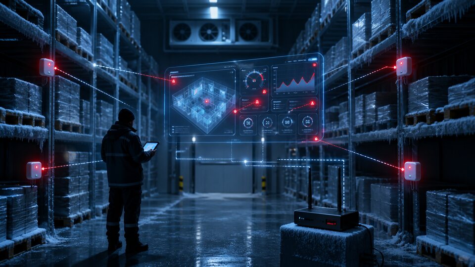 Мұздатқыш камера сөрелерімен, әртүрлі аймақтағы датчиктерімен және сыртқы өнеркәсіптік контроллерімен