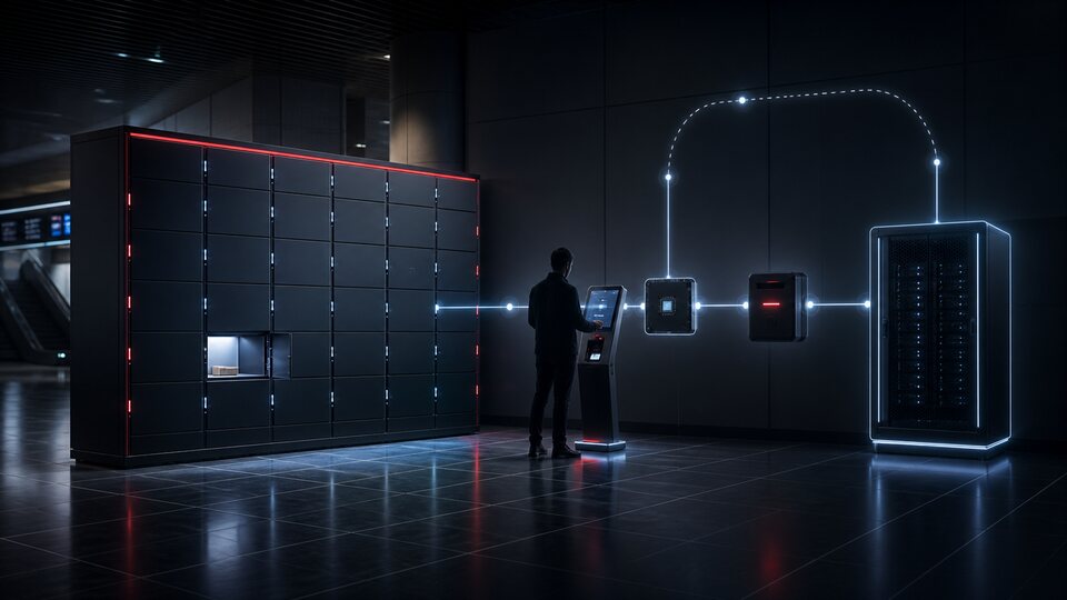 Electronic lockers, a lock controller, a server node and an administrator workstation within one storage system