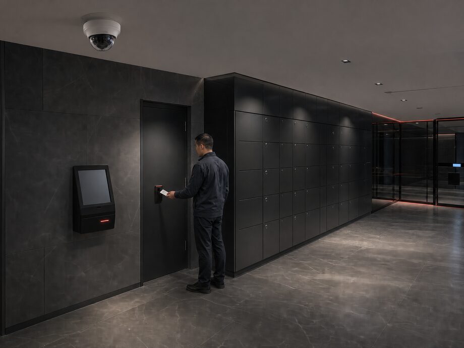 An electronic locker area with video surveillance and separated staff access