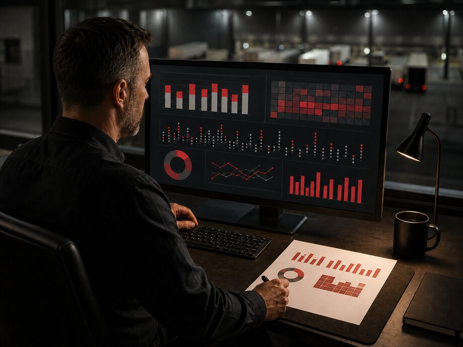 Un responsabile analizza sullo schermo e in un report gli indicatori di consegna di un periodo