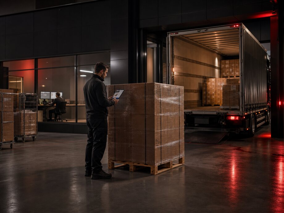 Un addetto di un centro logistico verifica la merce presso un veicolo mentre un coordinatore sorveglia la partenza dall'ufficio