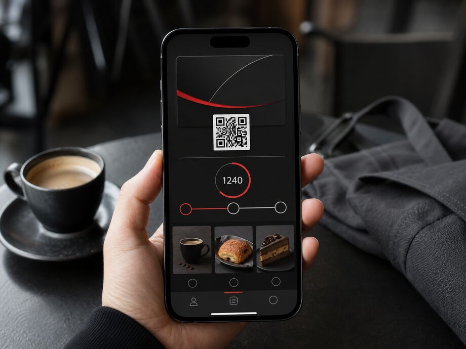 Die Oberfläche eines Bonusprogramms auf einem Smartphone mit QR-Code, Stand, Stufe und Angeboten