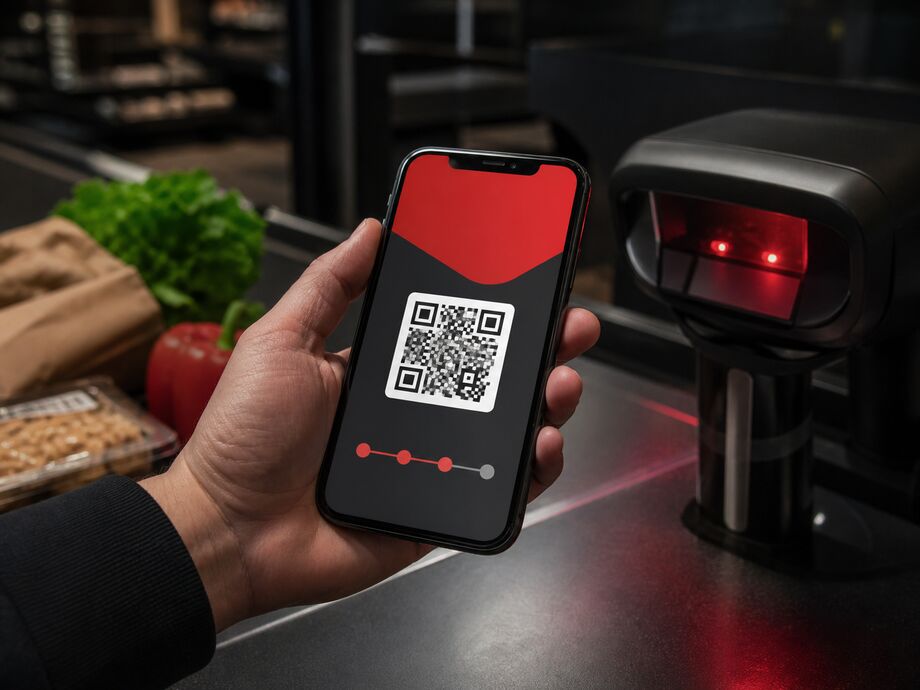 Ein Smartphone mit virtueller Karte und QR-Code wird an den Scanner an der Kasse gehalten
