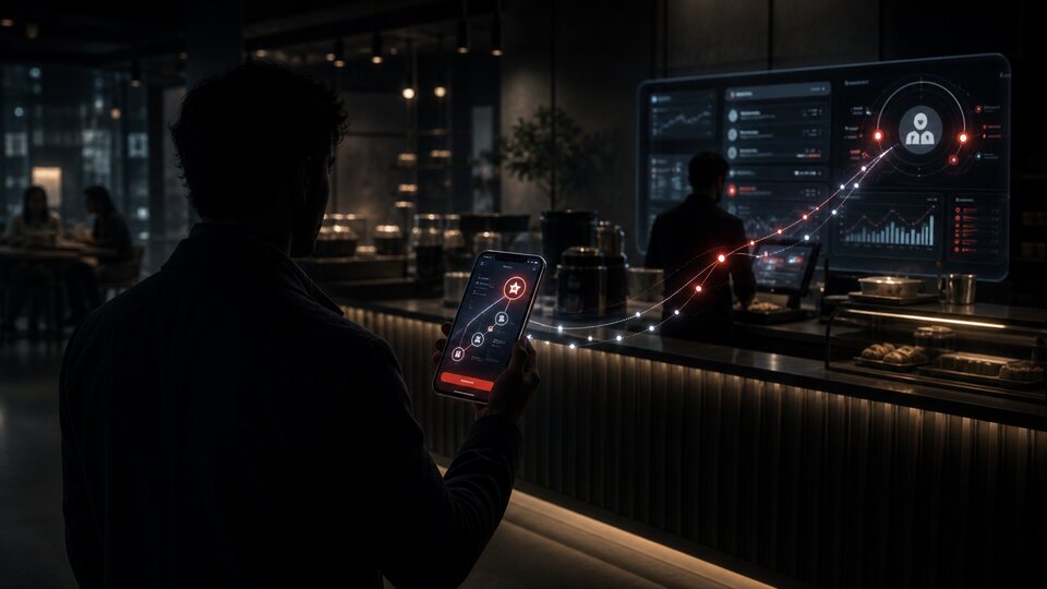 Ein Stammkunde wird im Café erkannt, während die App seinen Fortschritt durch die Stufen des Programms zeigt