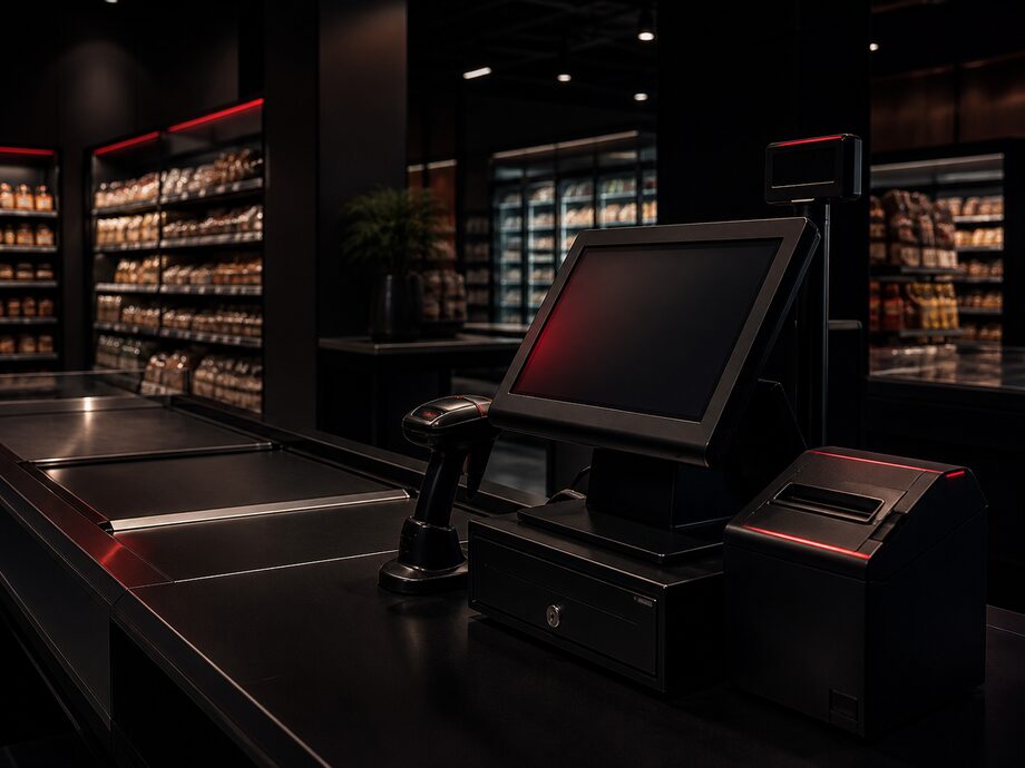 La zone de caisse d'un magasin moderne avec un poste POS tout-en-un, un lecteur et une imprimante de tickets