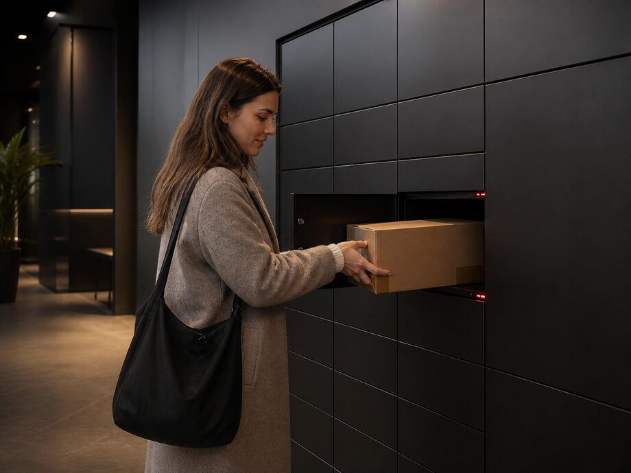 Una taquilla de paquetería modular con una casilla abierta y un paquete dentro